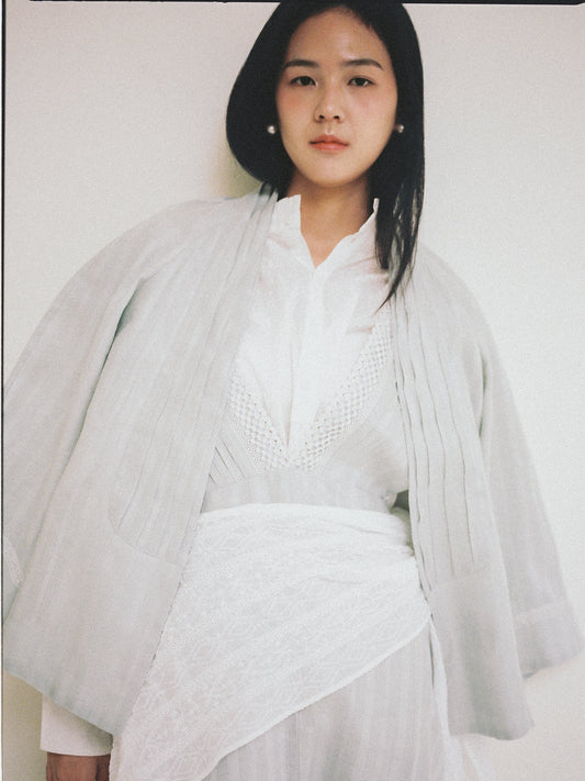 silver lace tuck ramie linen dress (in-stock)