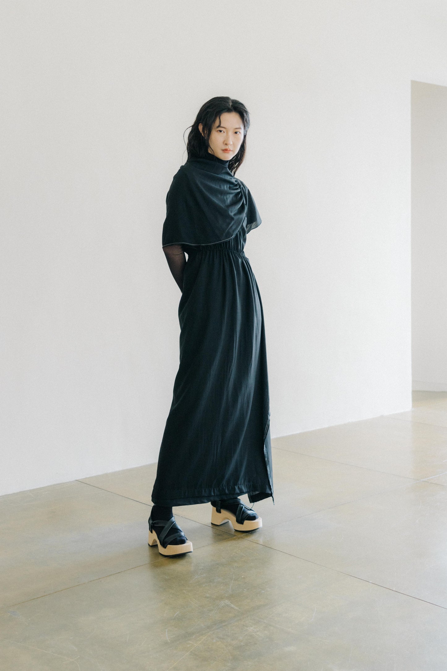moonlit whisper - asymmetric draped- neckline dress (in-stock)