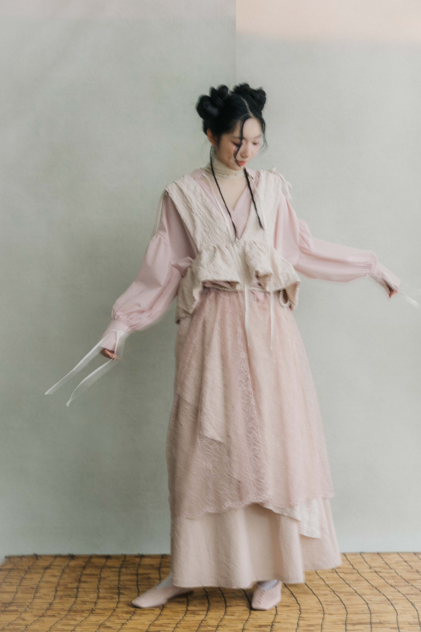 Light pink lace trimmed dress(in-stock)