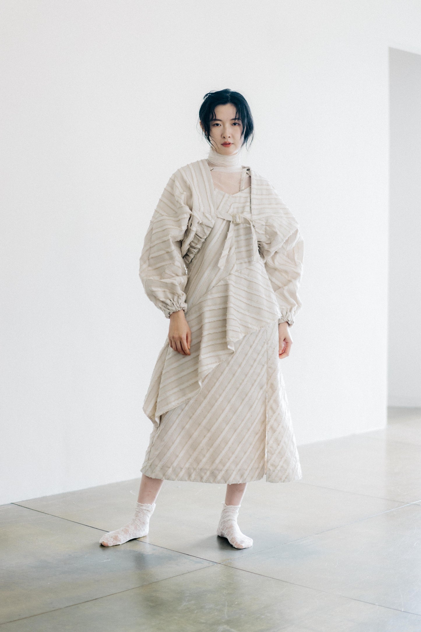 asymmetric cut stripe jacquard dress (in-stock)