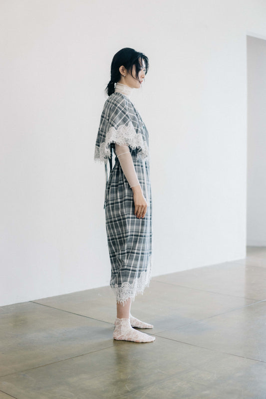 check laced-tulip midi dress