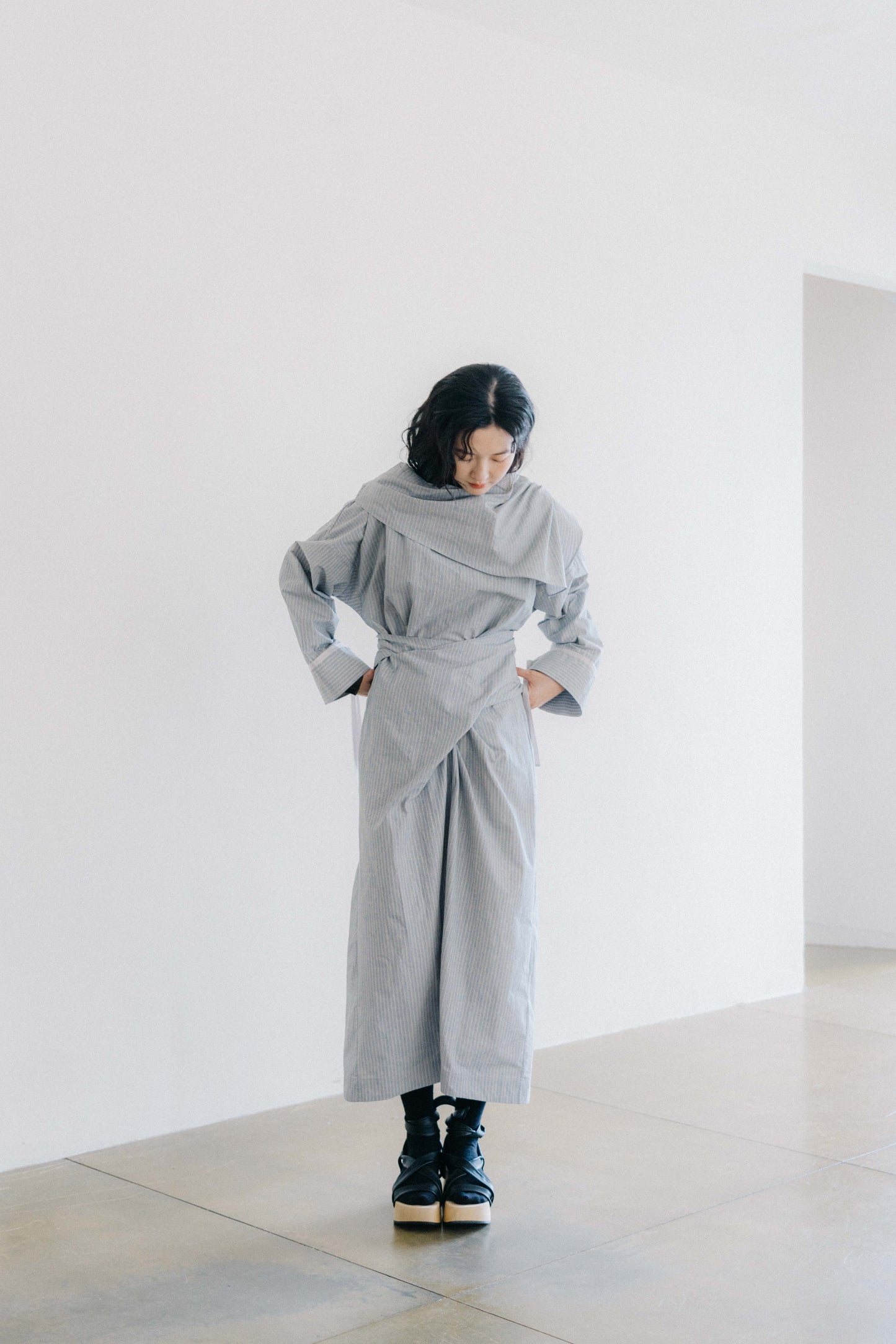 blue striped canvas wrapped dress (in-stock)