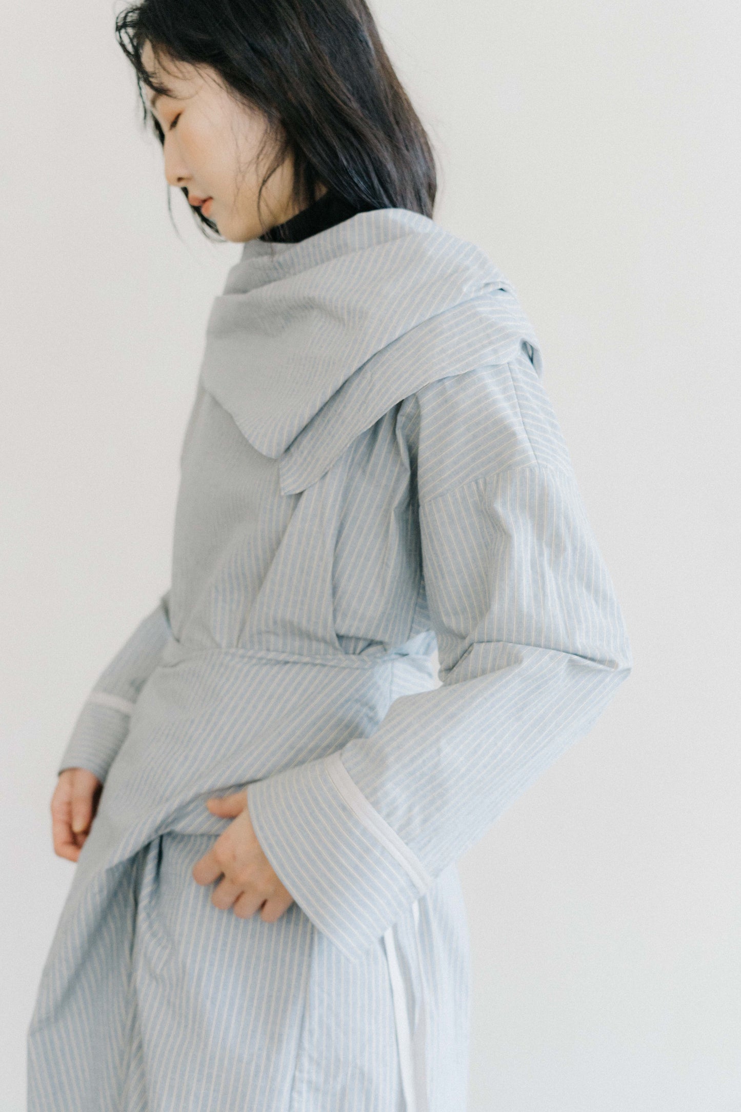 blue striped canvas wrapped dress (in-stock)