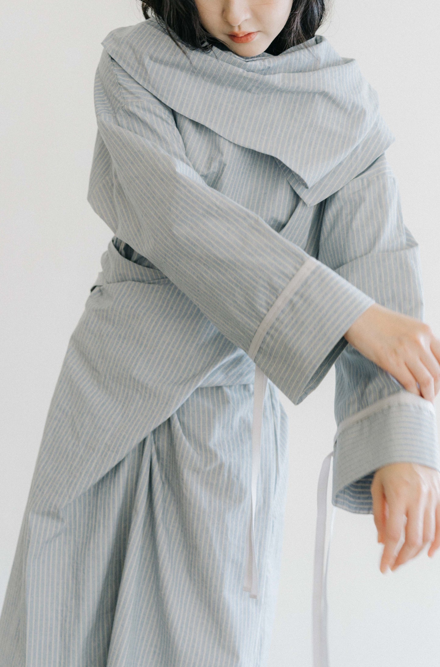 blue striped canvas wrapped dress (in-stock)