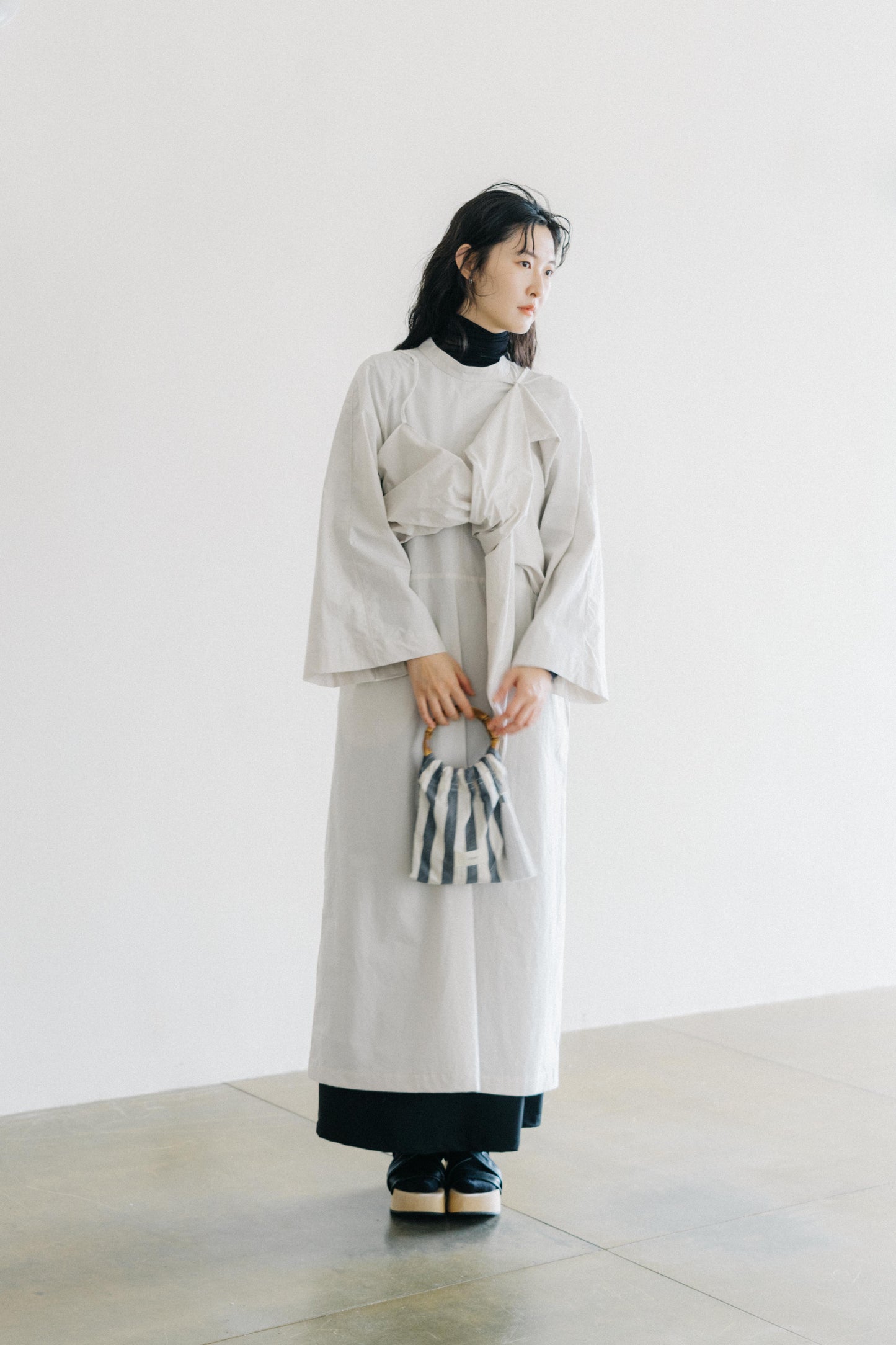knot-draped grey long-sleeves dress (in-stock)