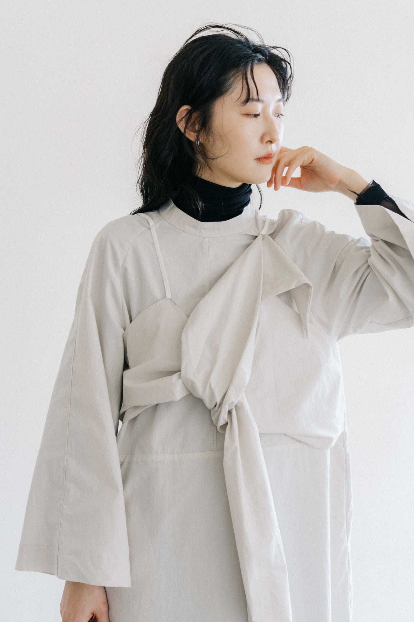 knot-draped grey long-sleeves dress (in-stock)