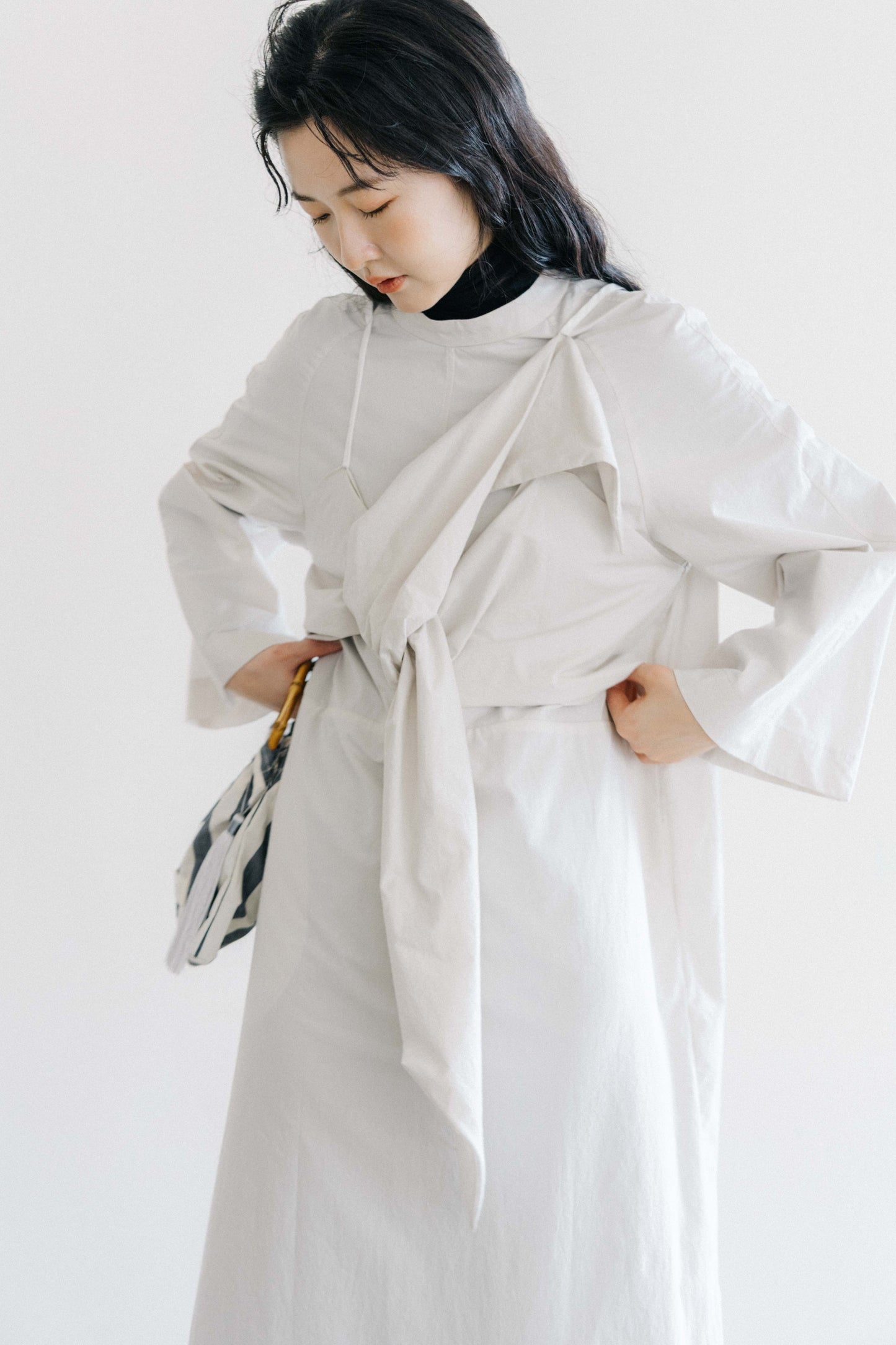 knot-draped grey long-sleeves dress (in-stock)