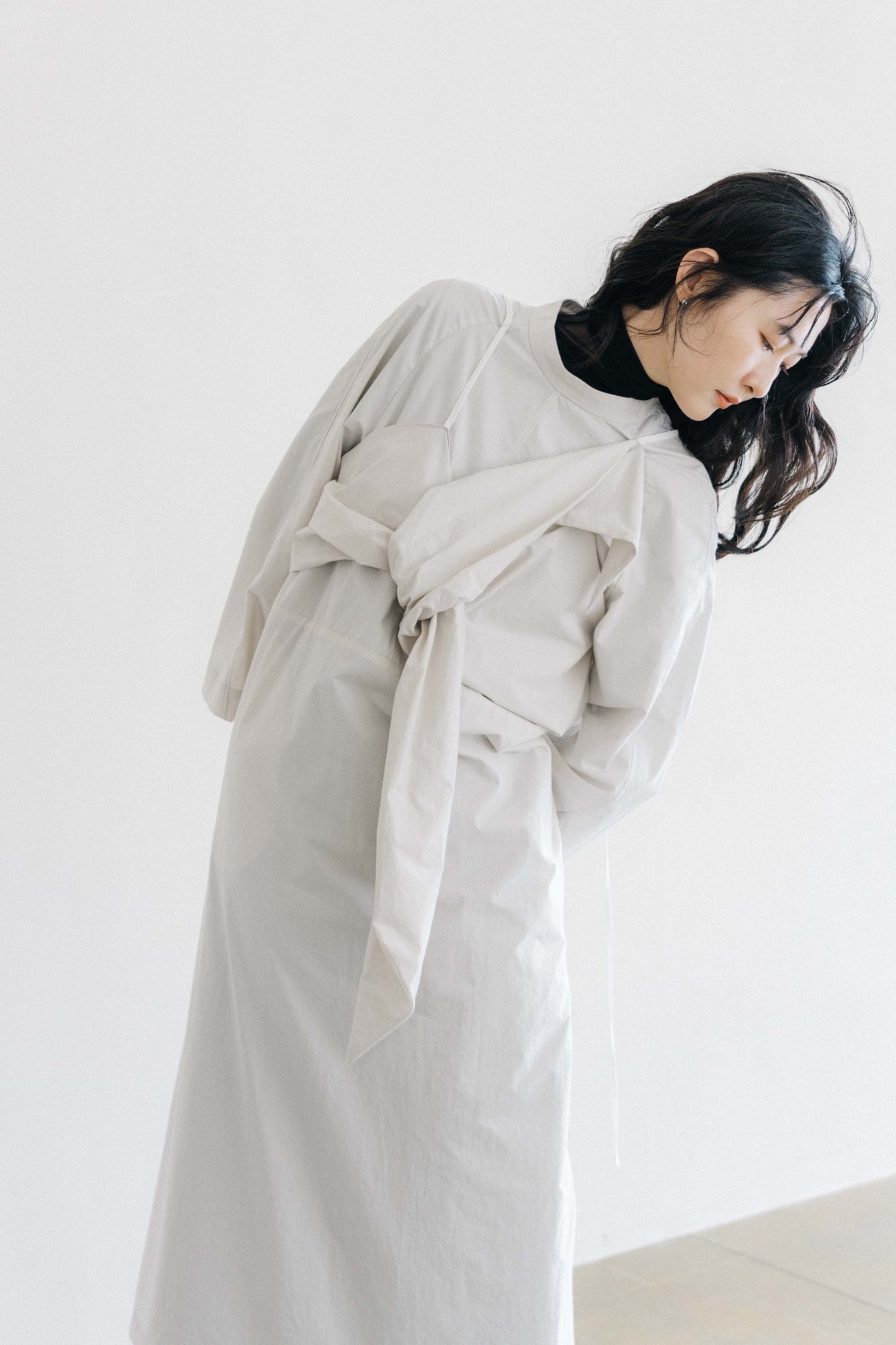 knot-draped grey long-sleeves dress (in-stock)