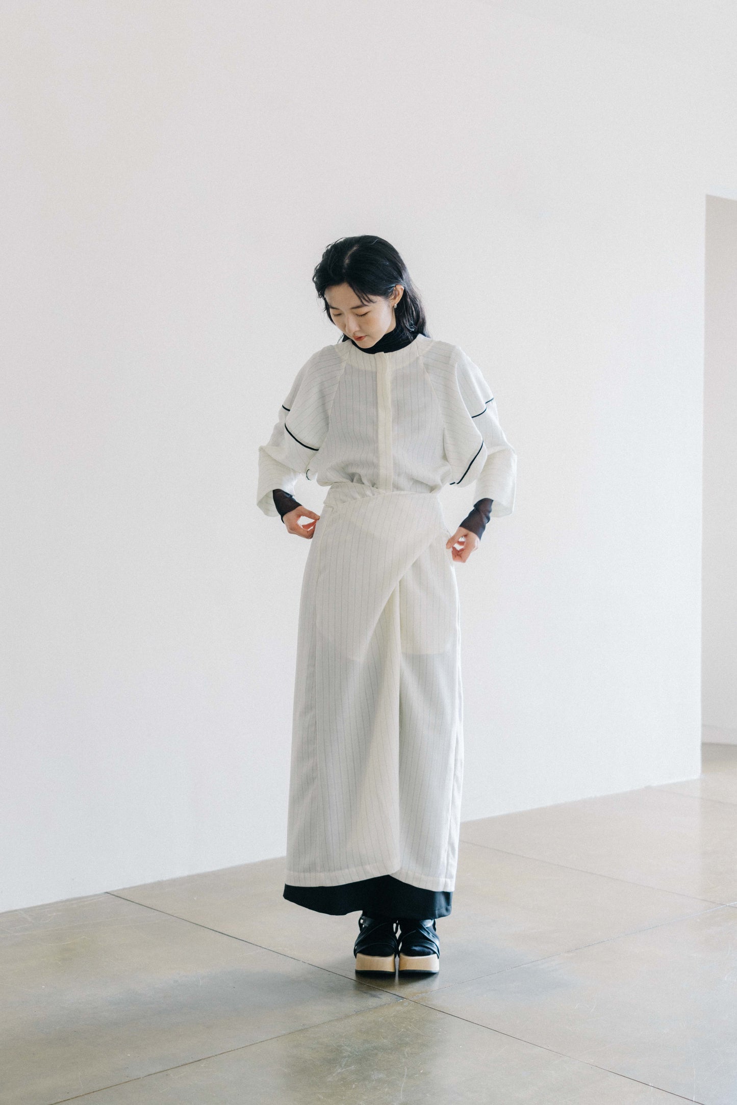 striped wool wrap dress (in-stock)