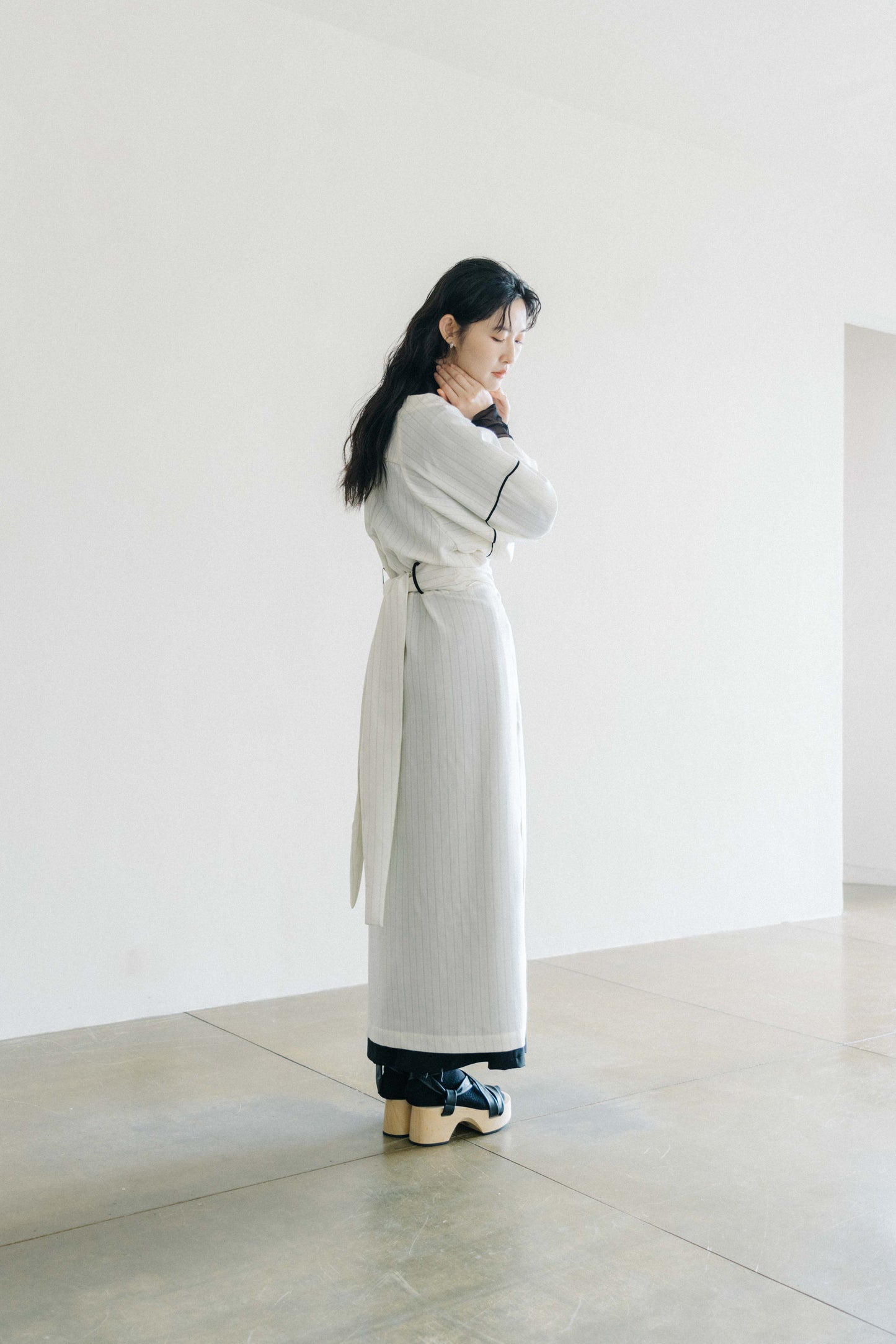 striped wool wrap dress (in-stock)