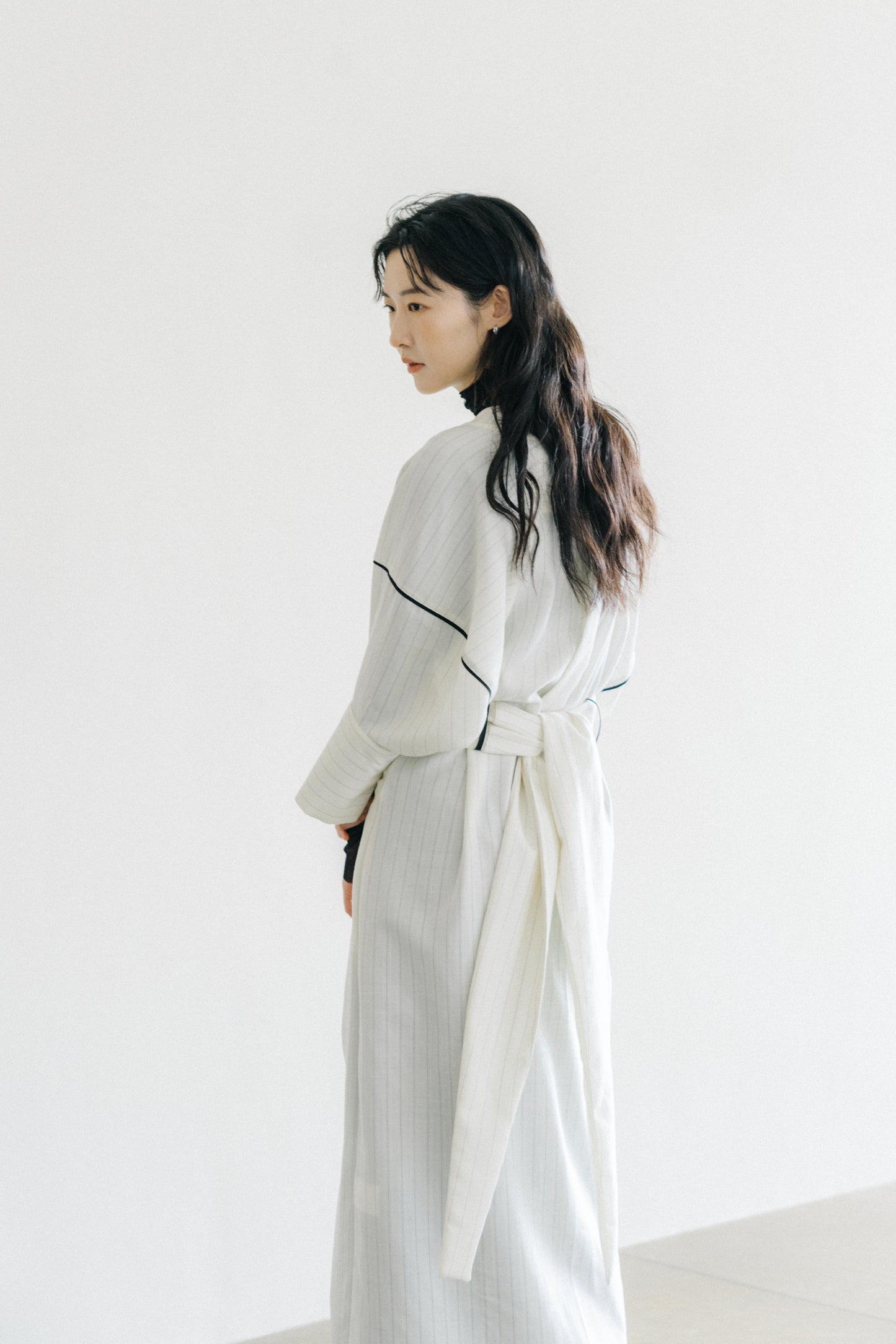 striped wool wrap dress (in-stock)