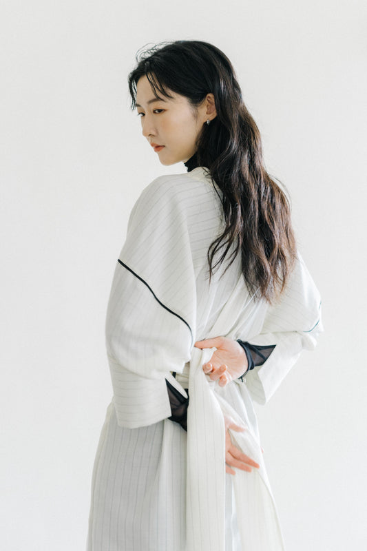 striped wool wrap dress (in-stock)