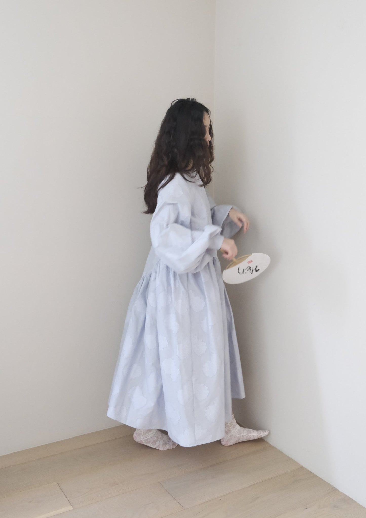 blue embellished gathering midi dress (in-stock)