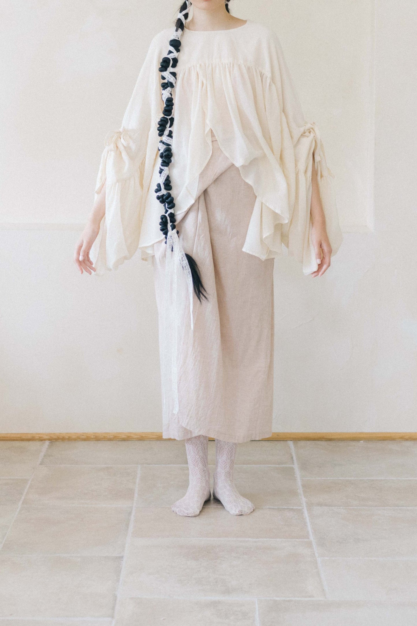 wide sleeved with gathering double layers top - beige (in-stock)