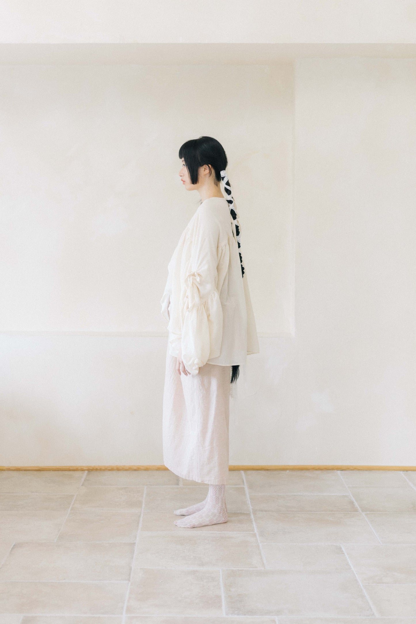 wide sleeved with gathering double layers top - beige (in-stock)