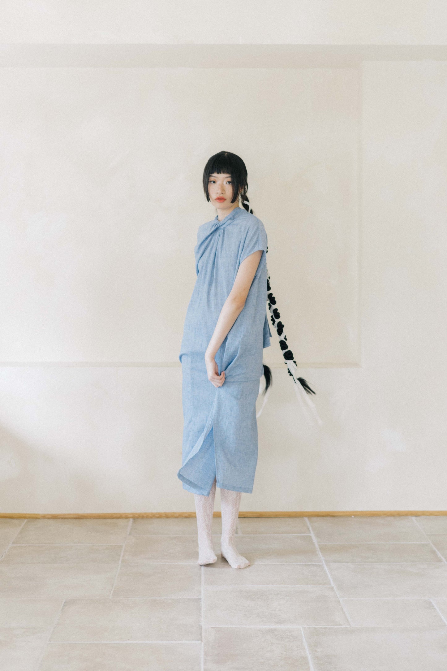 twisted-knot neckline dress - blue (pre-order)