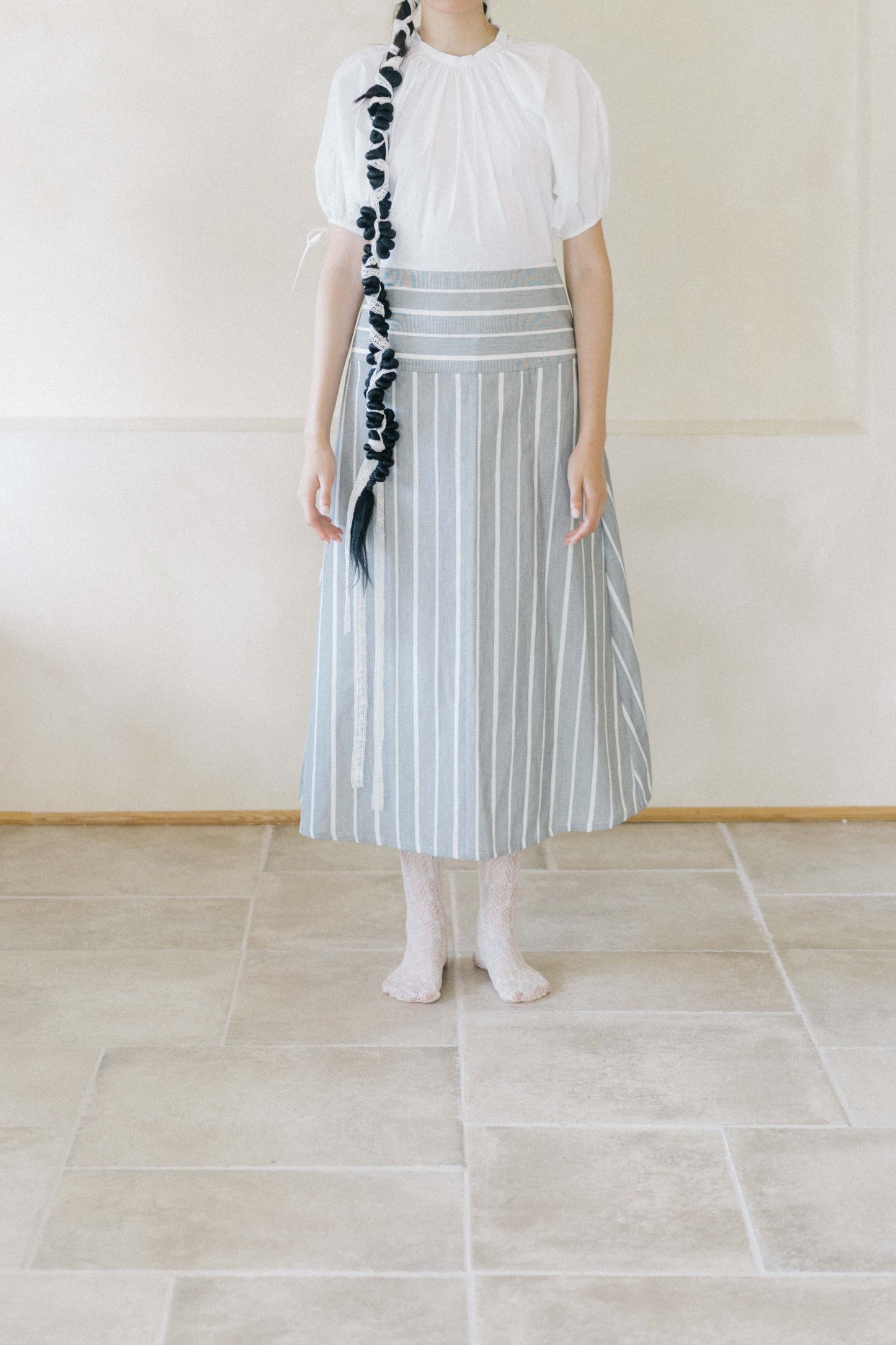 striped panel puff-sleeve dress (in-stock)