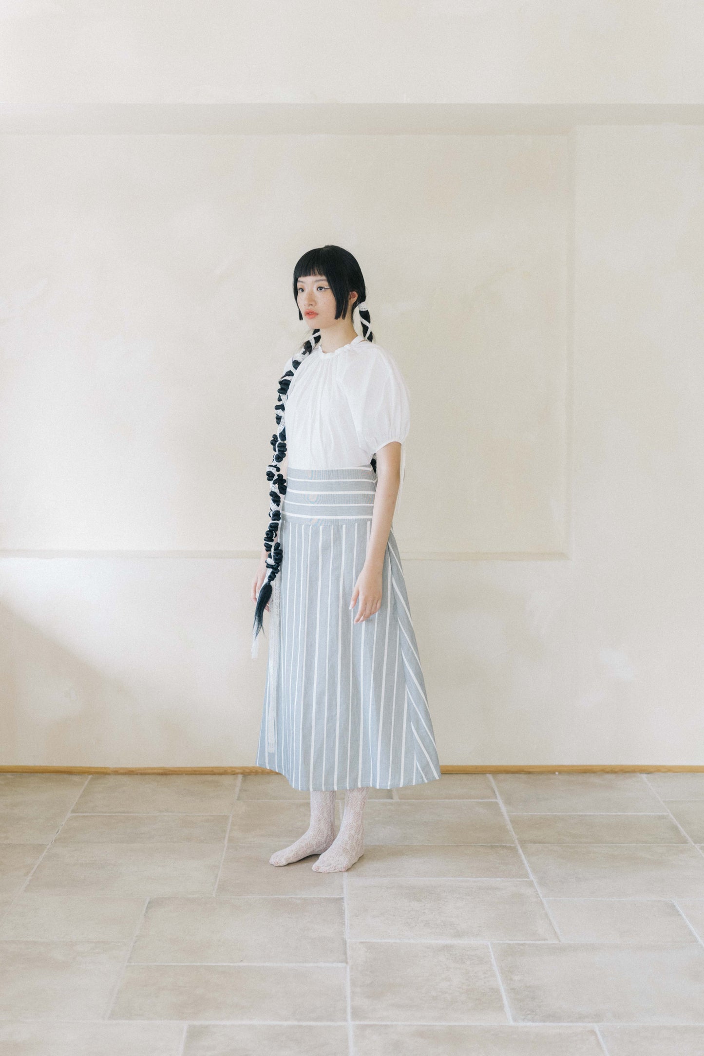 striped panel puff-sleeve dress (in-stock)