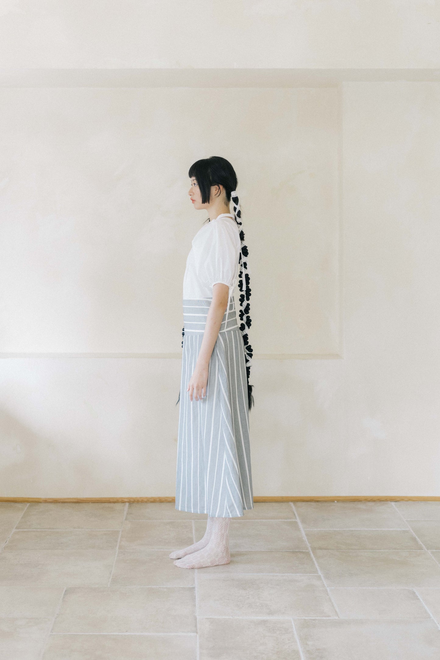 striped panel puff-sleeve dress (in-stock)