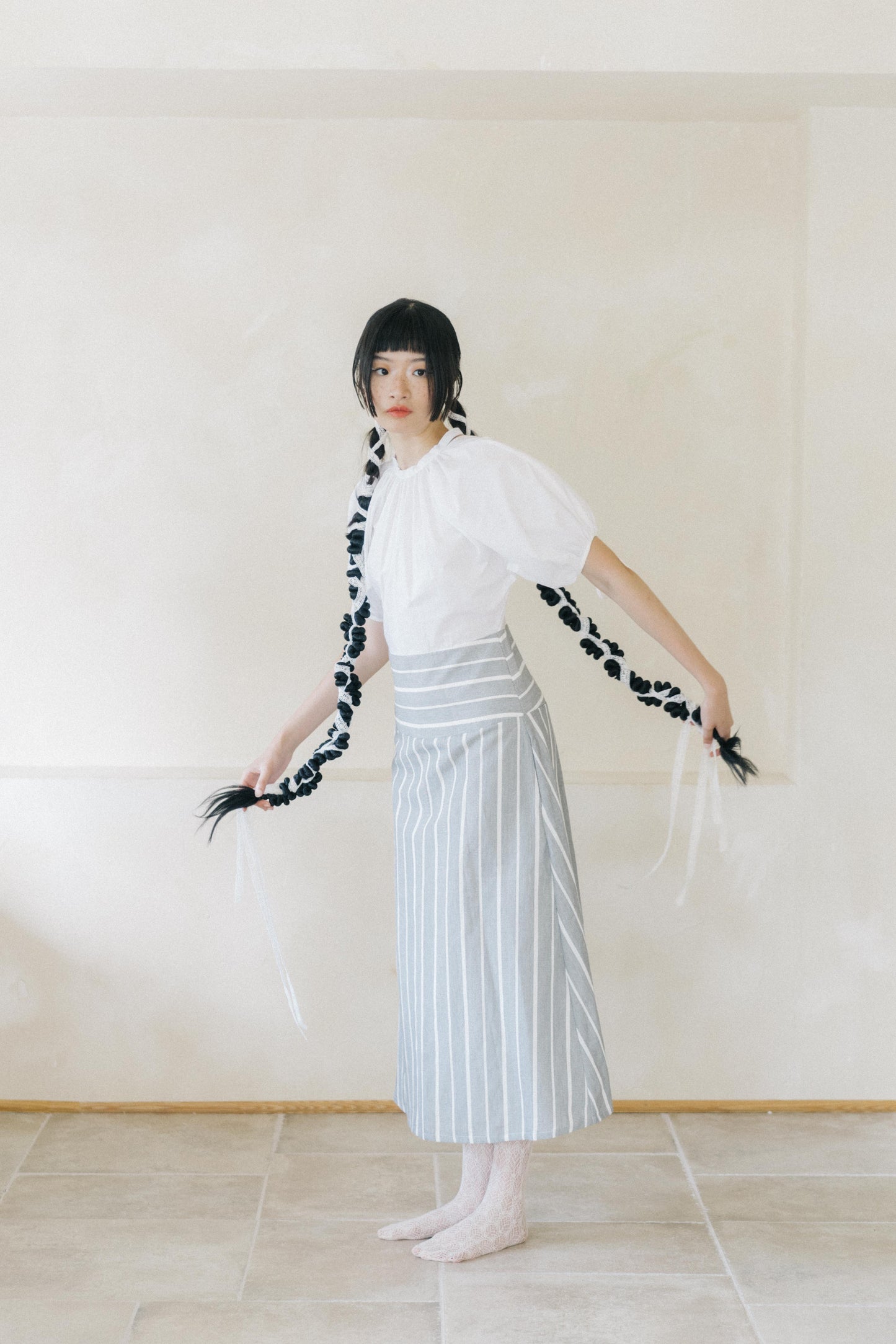striped panel puff-sleeve dress (in-stock)