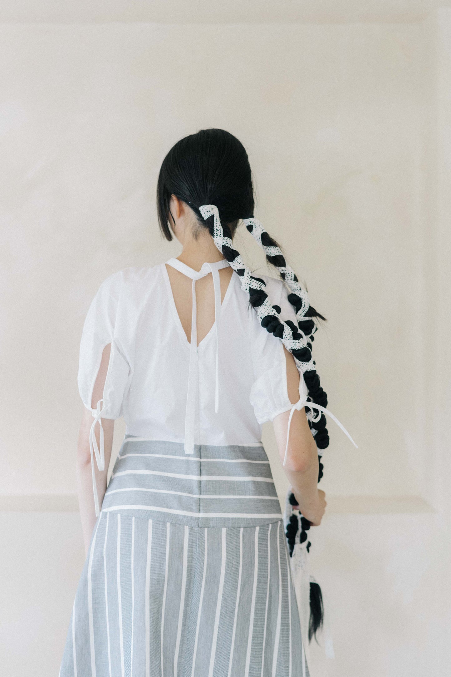 striped panel puff-sleeve dress (in-stock)