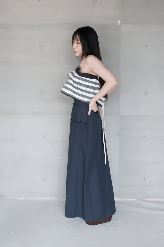 cotton-linen pleated wide navy pants (in-stock)