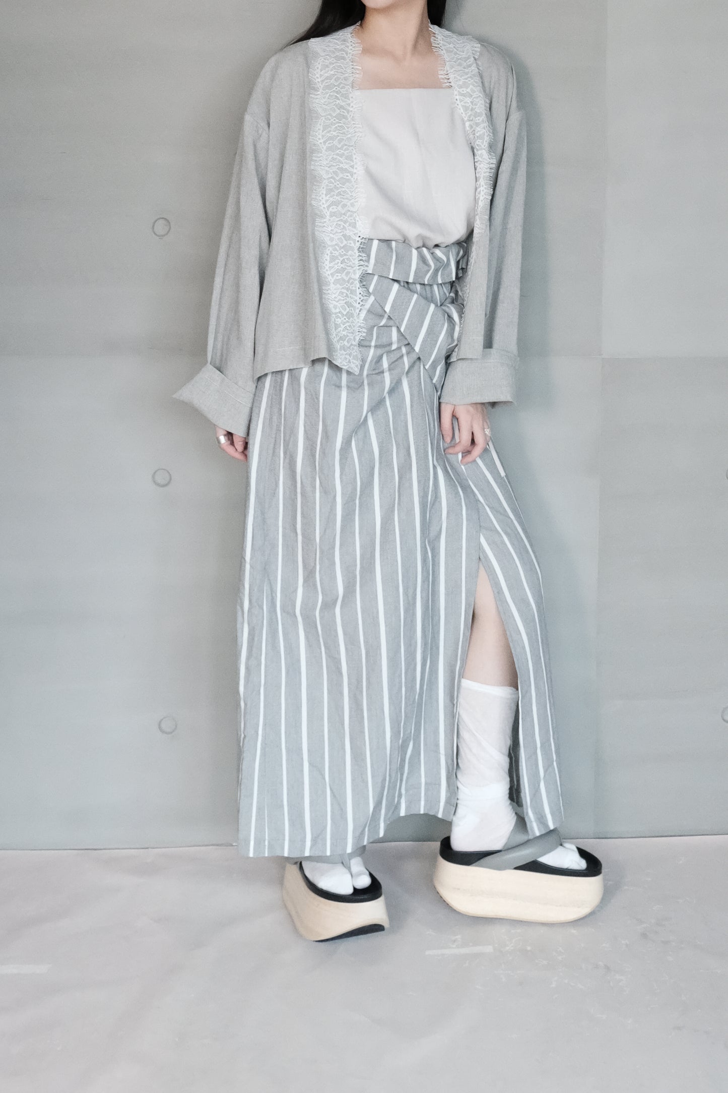 asymmetric folded layer strap dress - grey stripe (in-stock)