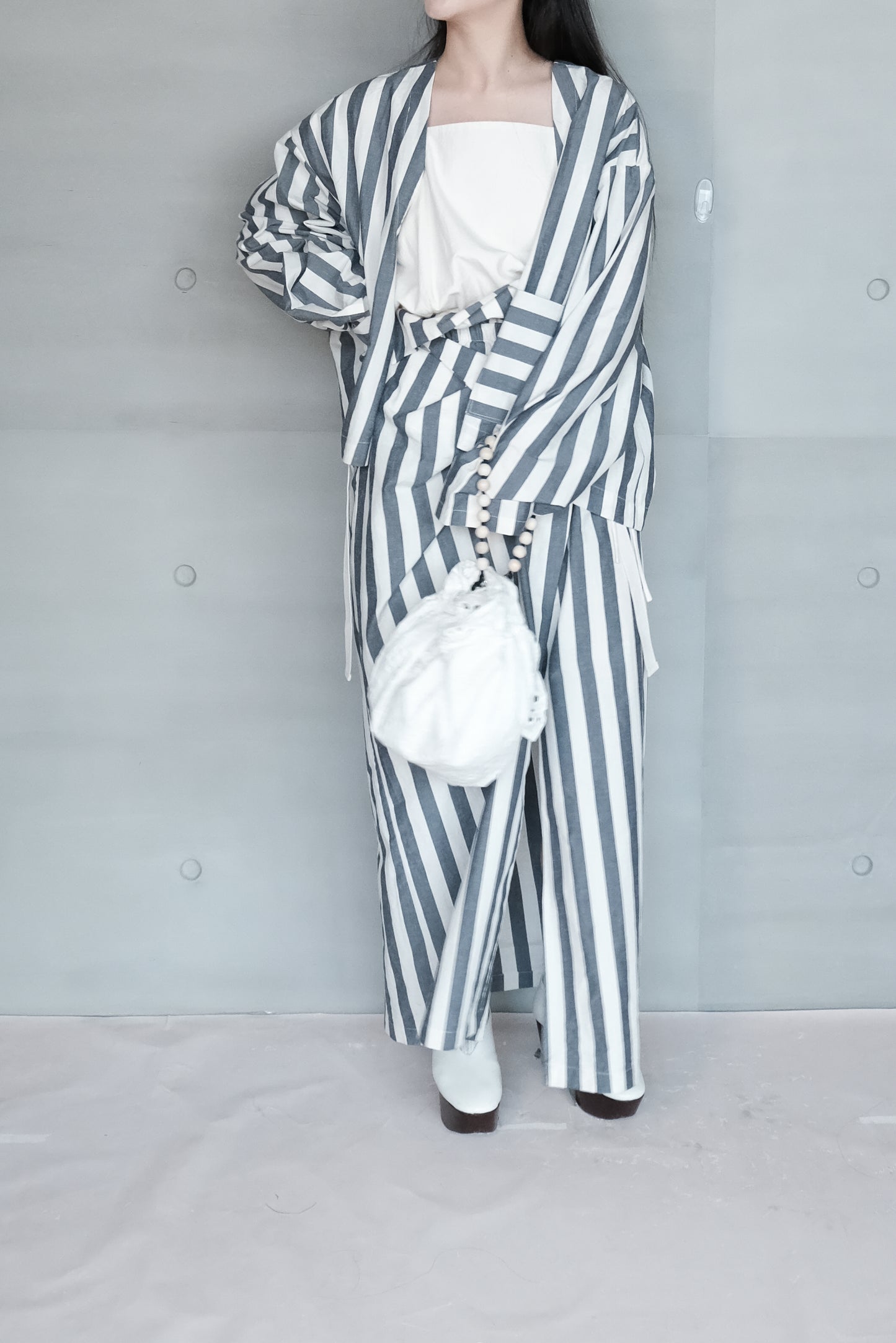 asymmetric folded layer strap dress - blue & beige stripe (in-stock)