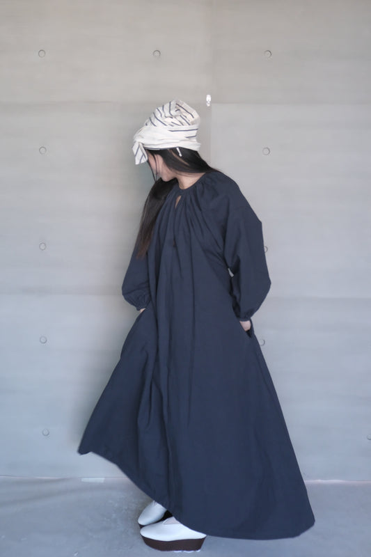 long-sleeve backless cotton-linen navy dress (in-stock)