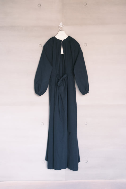 long-sleeve backless cotton-linen navy dress (pre-order)