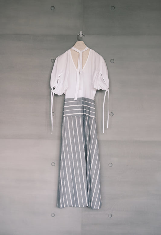 striped panel puff-sleeve dress (in-stock)