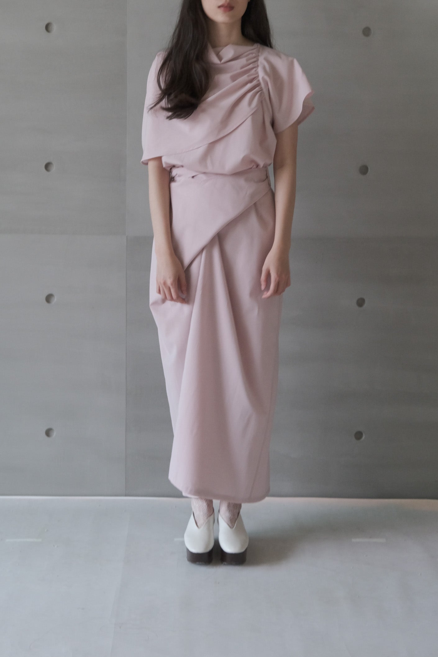 pink asymmetric draped-neckline top (in-stock)