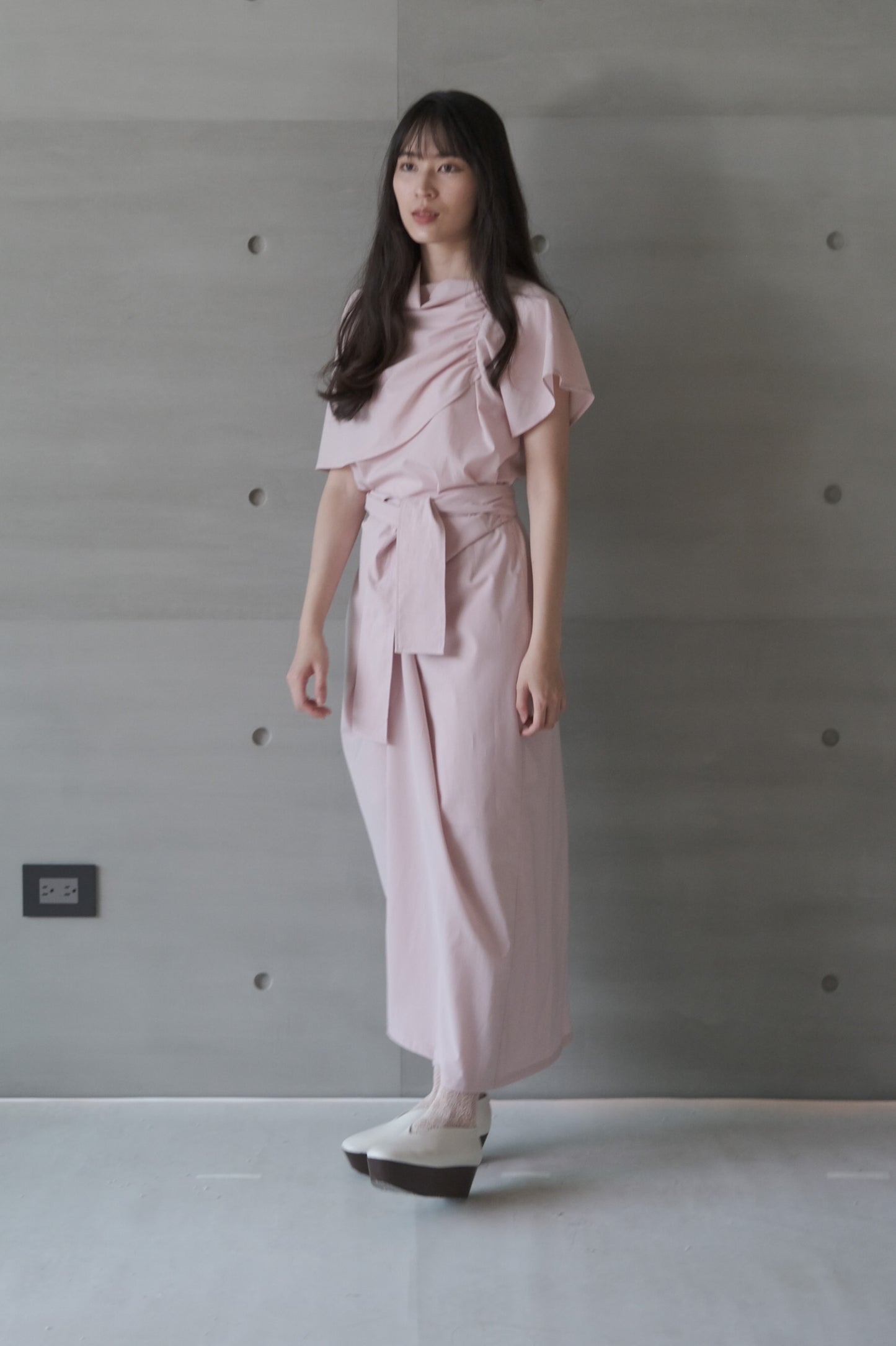 pink asymmetric draped-neckline top (in-stock)