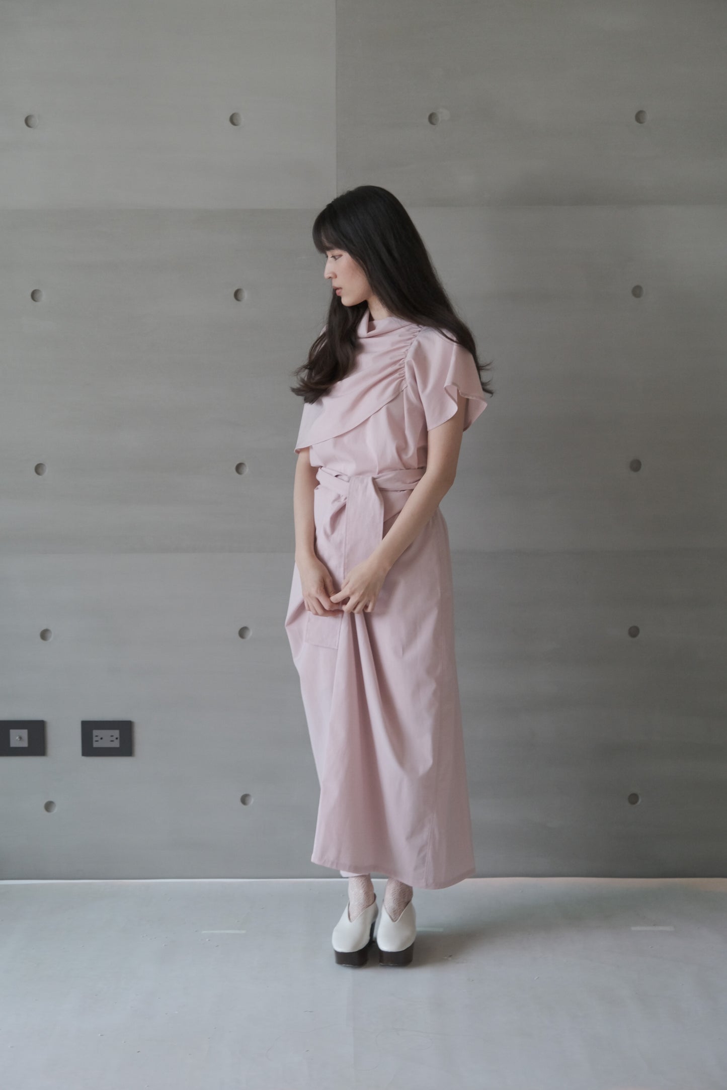 pink asymmetric draped-neckline top (in-stock)