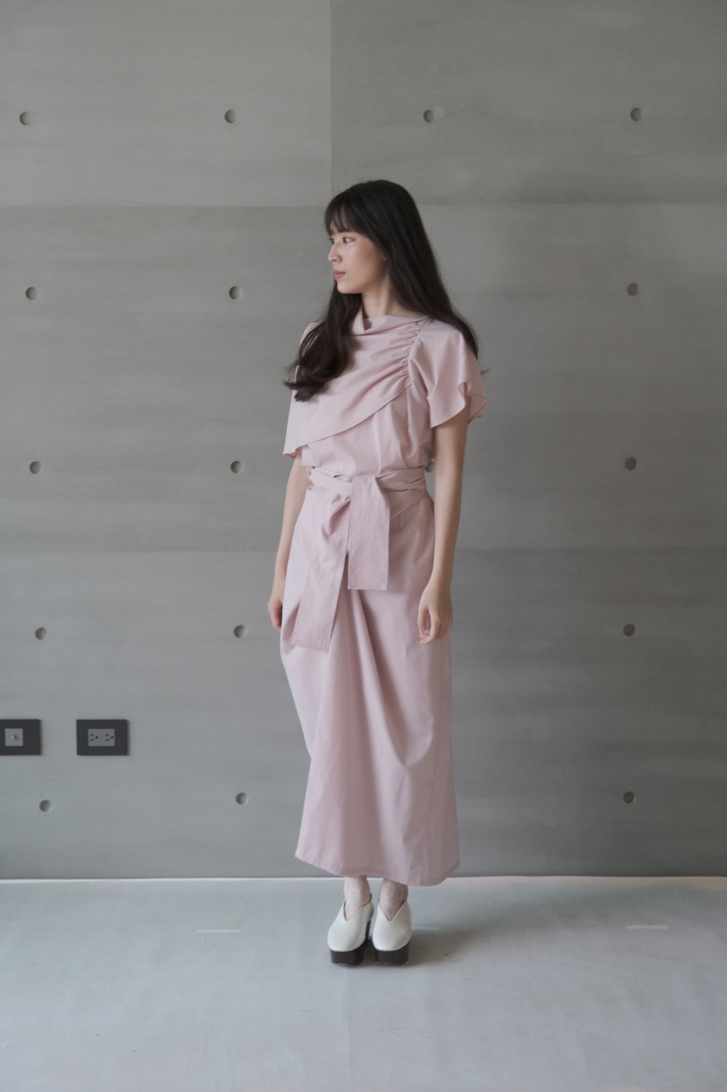 pink asymmetric draped-neckline top (in-stock)