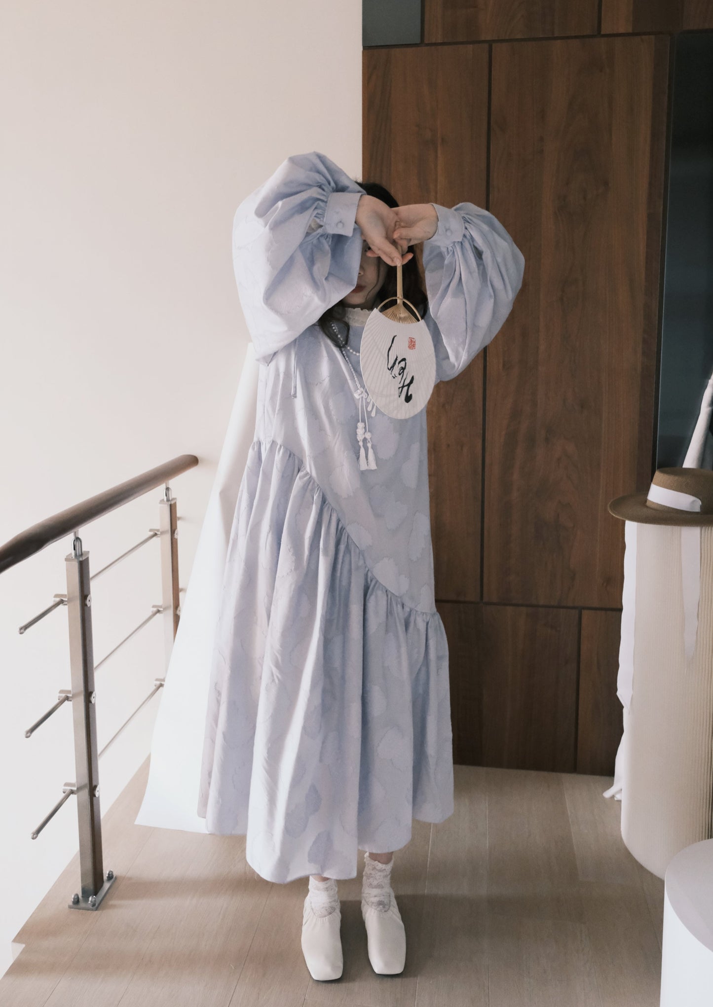 blue embellished gathering midi dress (in-stock)
