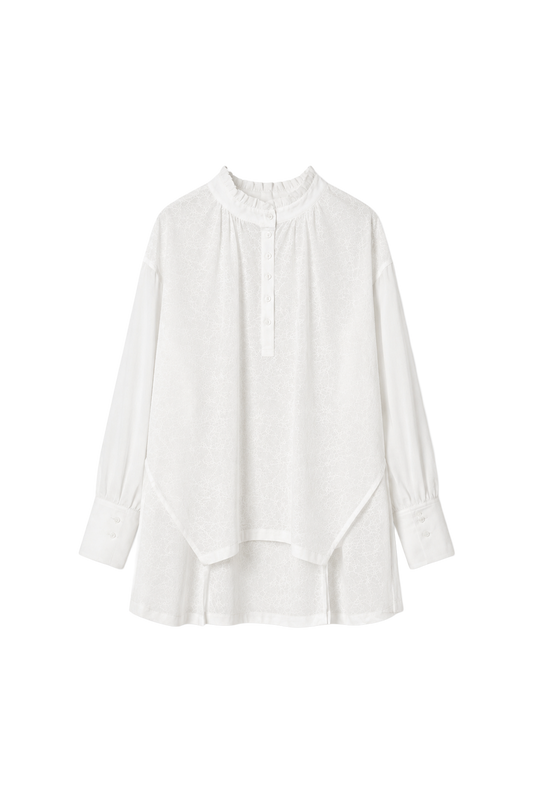 Ink-splattered and linen patchwork white shirt (in-stock)