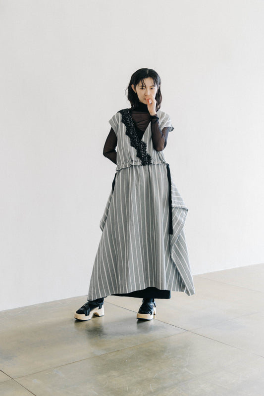 striped square-dress with black lace （pre-order)