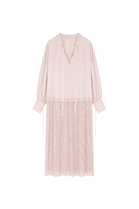 lace-paneled dress with voluminous sleeves - light pink ( in-stock)