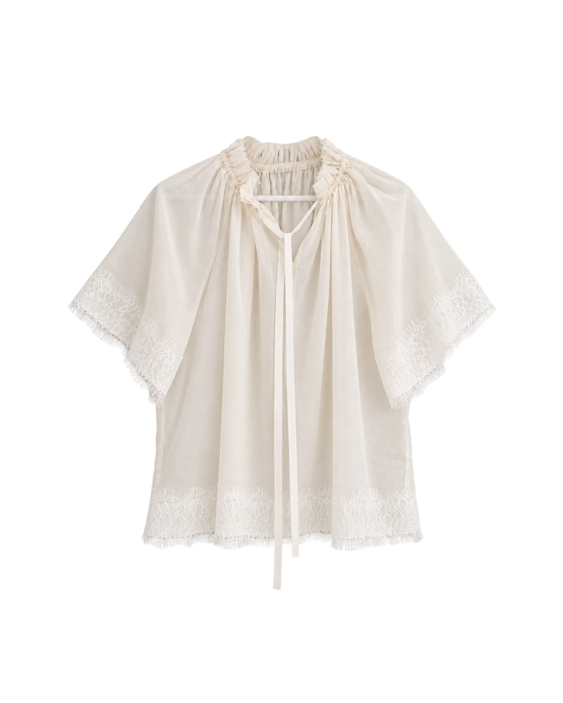 lace-trimmed lightweight cotton gathered blouse (pre-order)