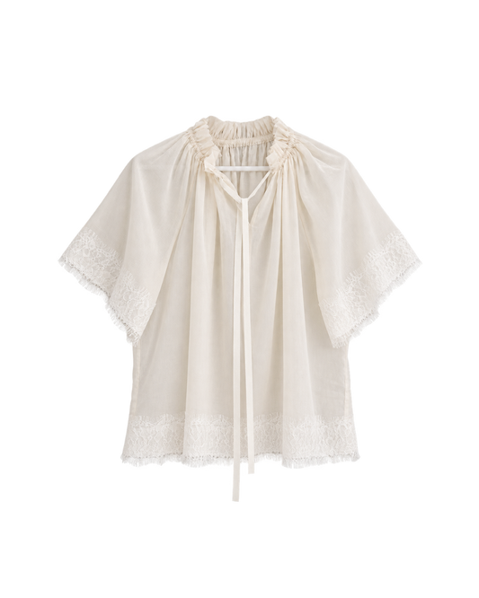 lace-trimmed lightweight cotton gathered blouse (pre-order)
