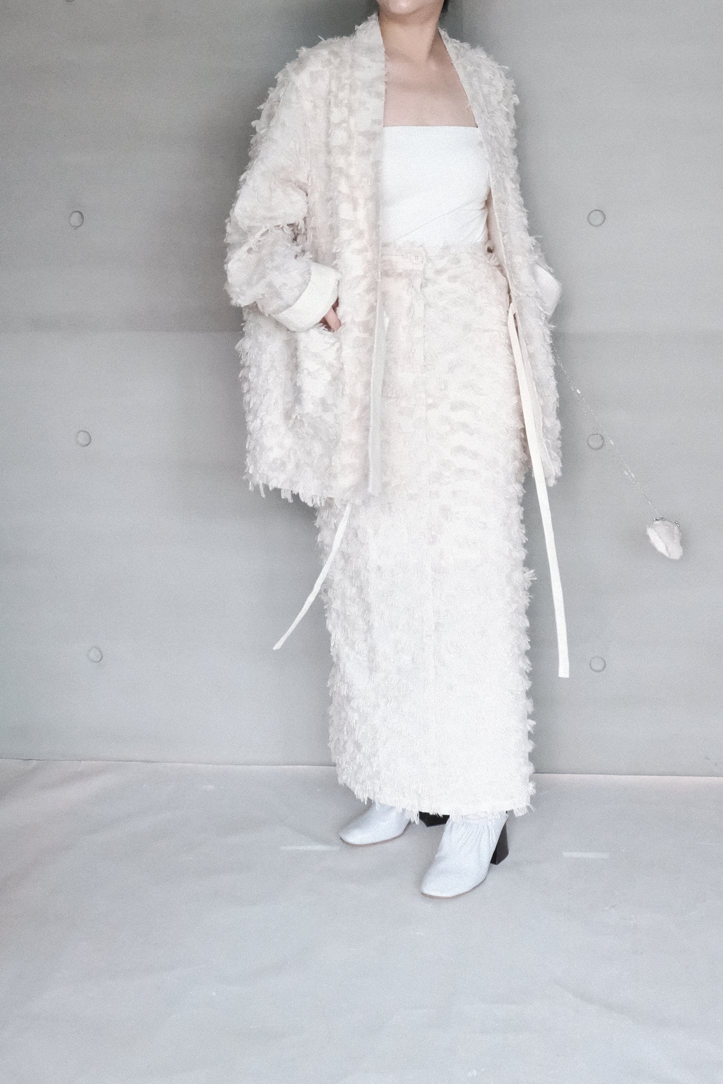 frayed cotton straight skirt - beige