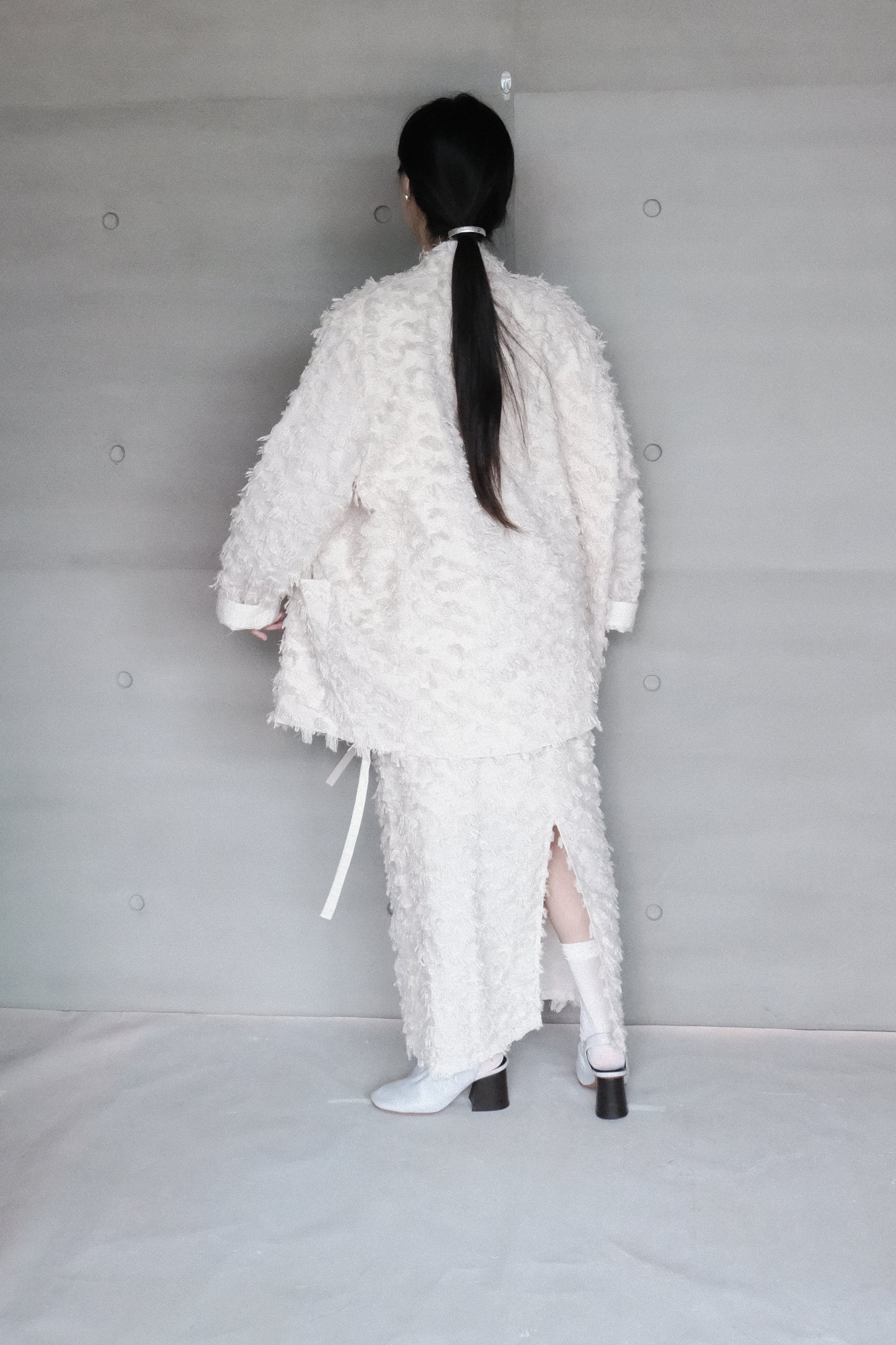 frayed cotton mandarin jacket - beige