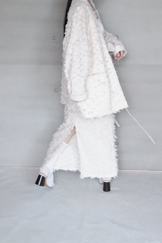 frayed cotton straight skirt - beige