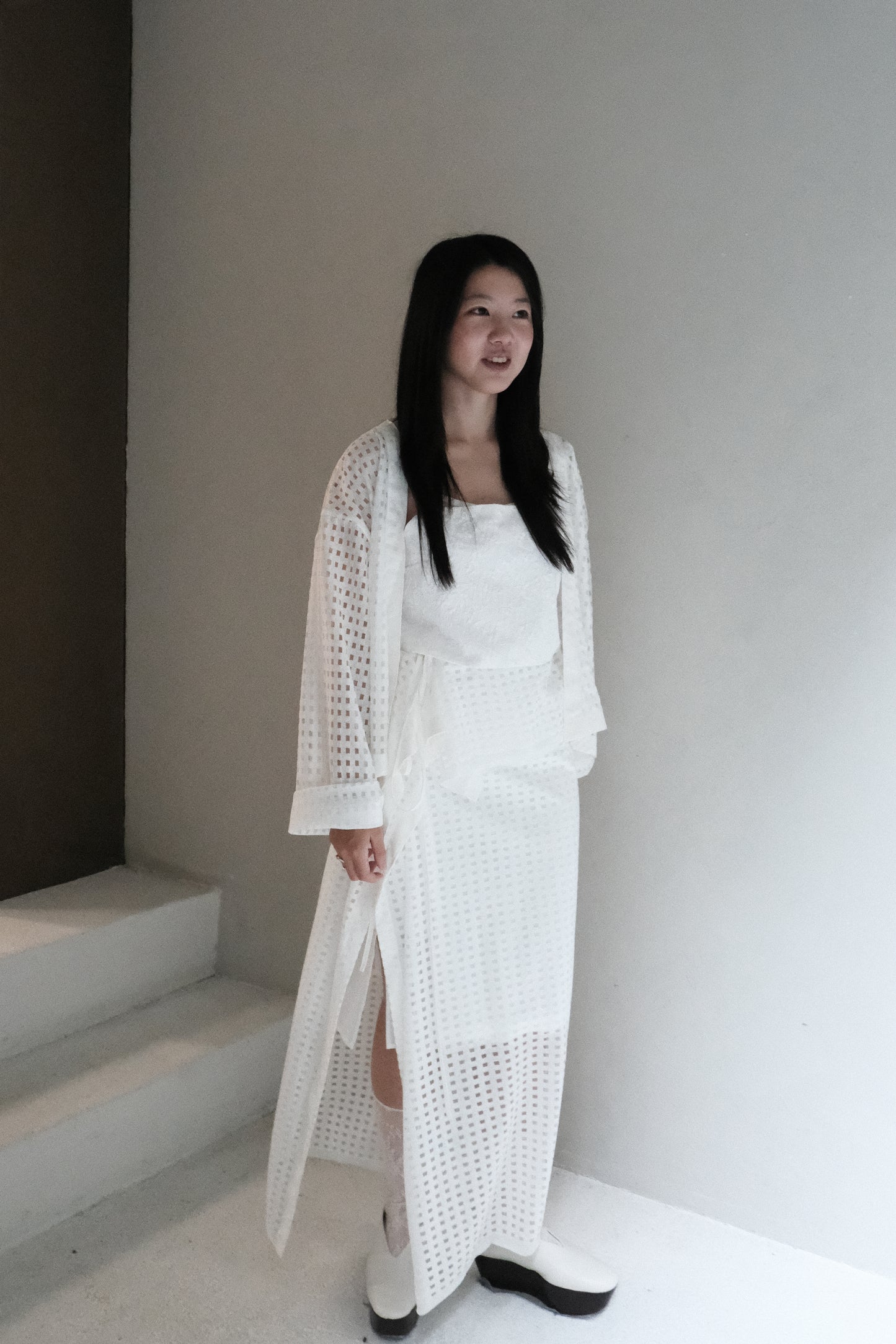 subtle checked lightweight ruched wrap skirt (pre-order)