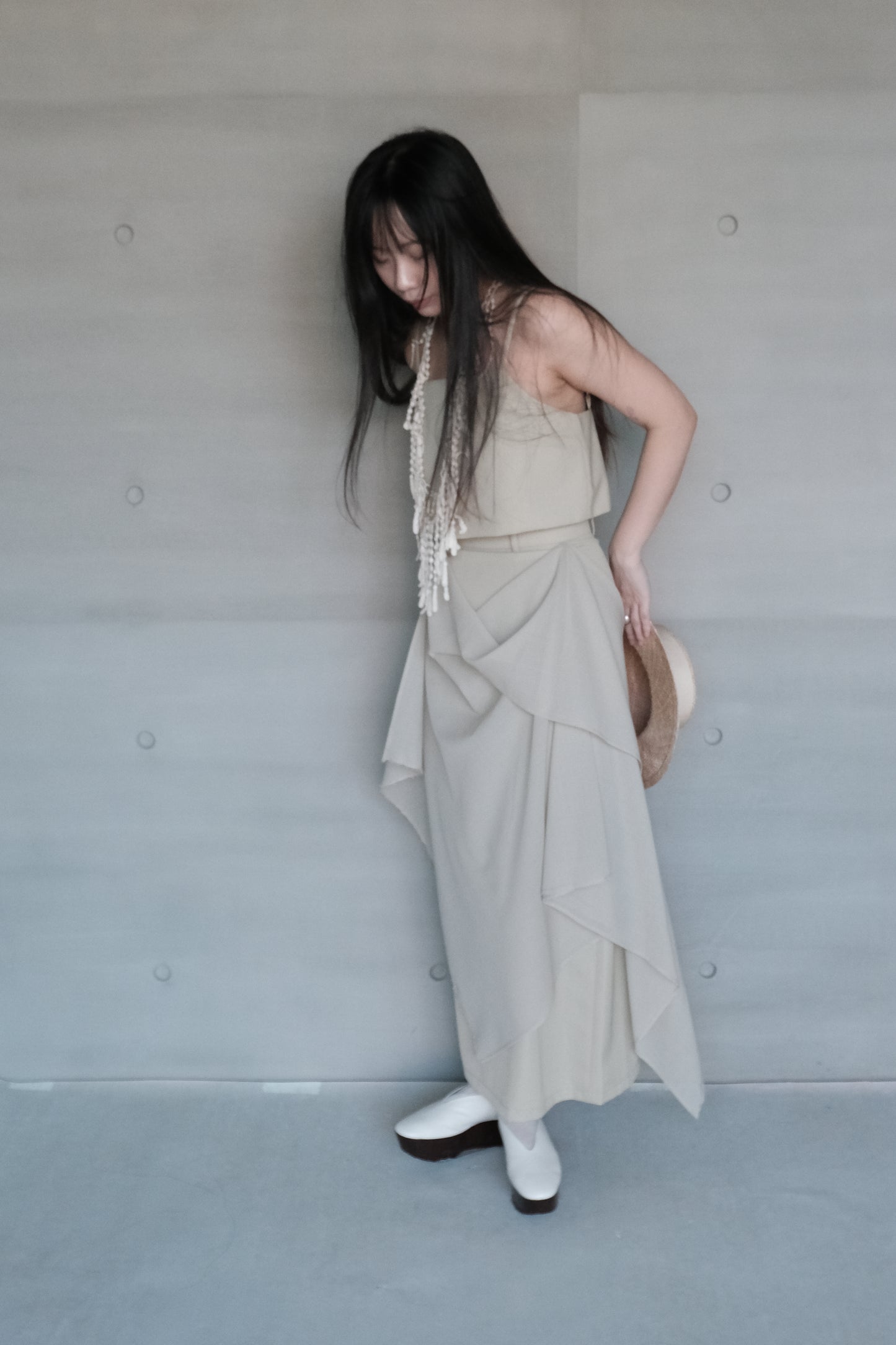 draped-tie wool blend straight skirt - matcha (pre-order)