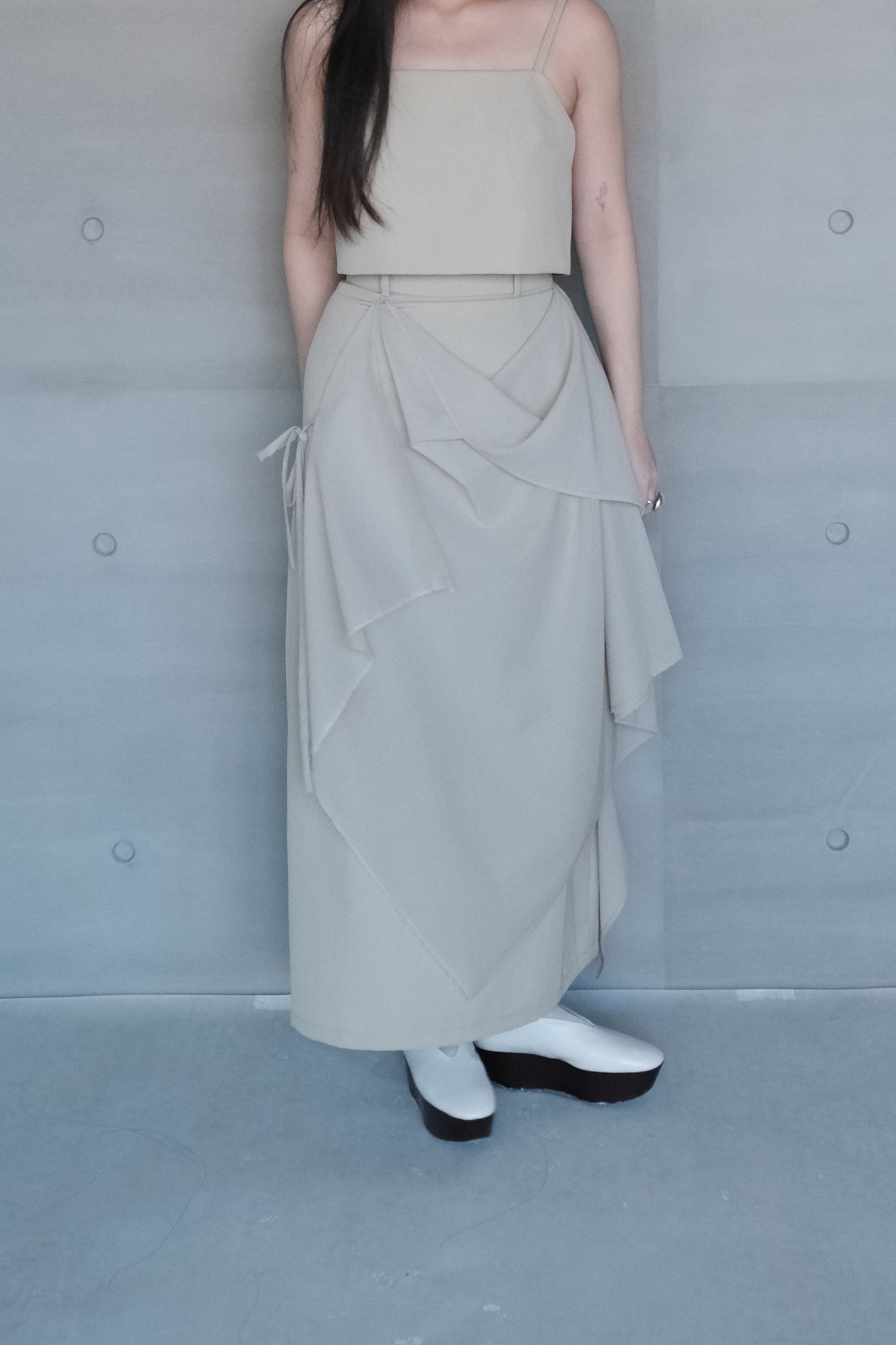 draped-tie wool blend straight skirt - matcha (pre-order)