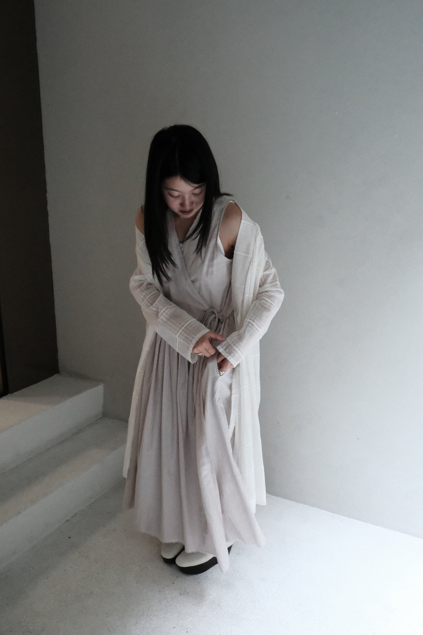 sheer cotton checked mandarin long cover (in-stock)