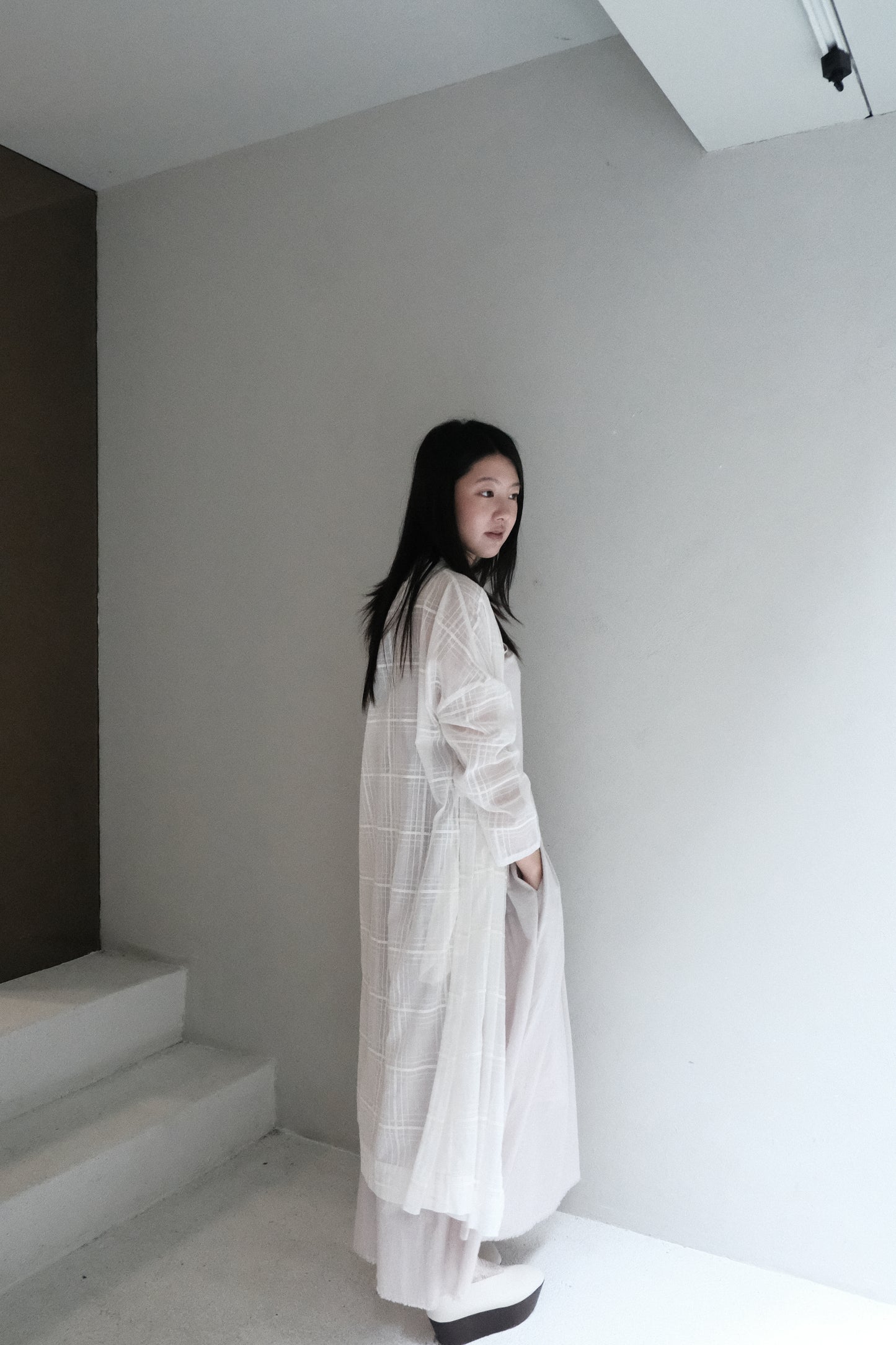 sheer cotton checked mandarin long cover (in-stock)