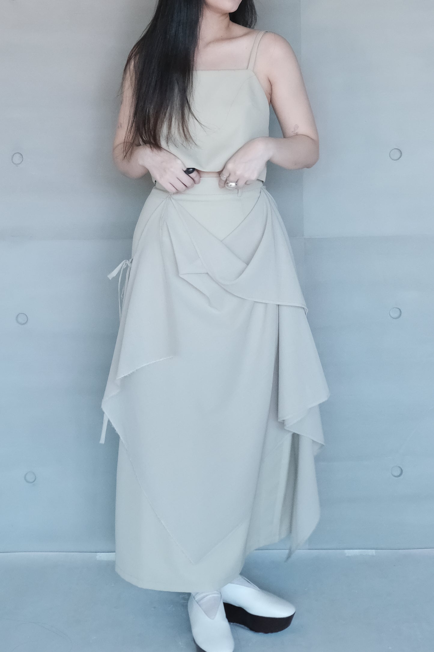 draped-tie wool blend straight skirt - matcha (pre-order)